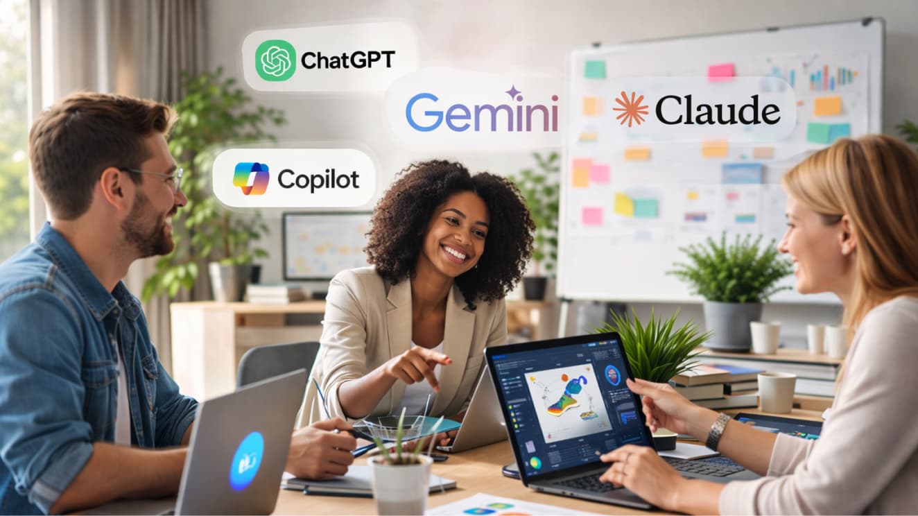 Team of people using AI tools like ChatGPT, Copilot, Gemini and Claude