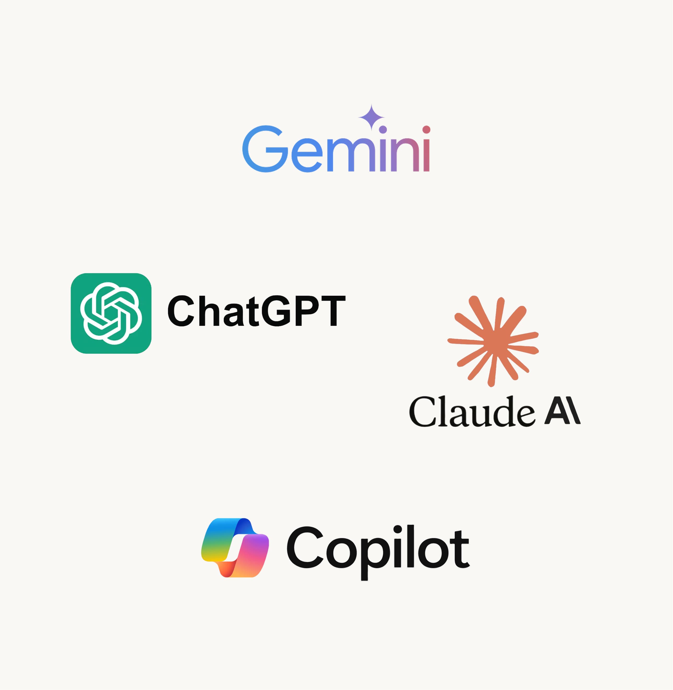 Logos of AI tools Gemini, ChatGPT, Copilot and Claude